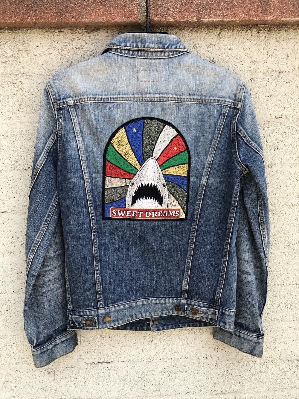 Saint Laurent Paris Sweet Dreams Shark Embroidered Denim Jacket Blue Sz S
